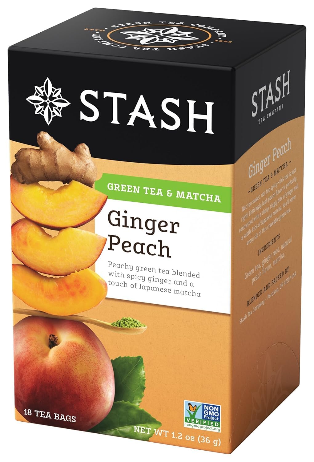 Stash Tea Green Tea, Ginger Peach with Matcha, 18 ct