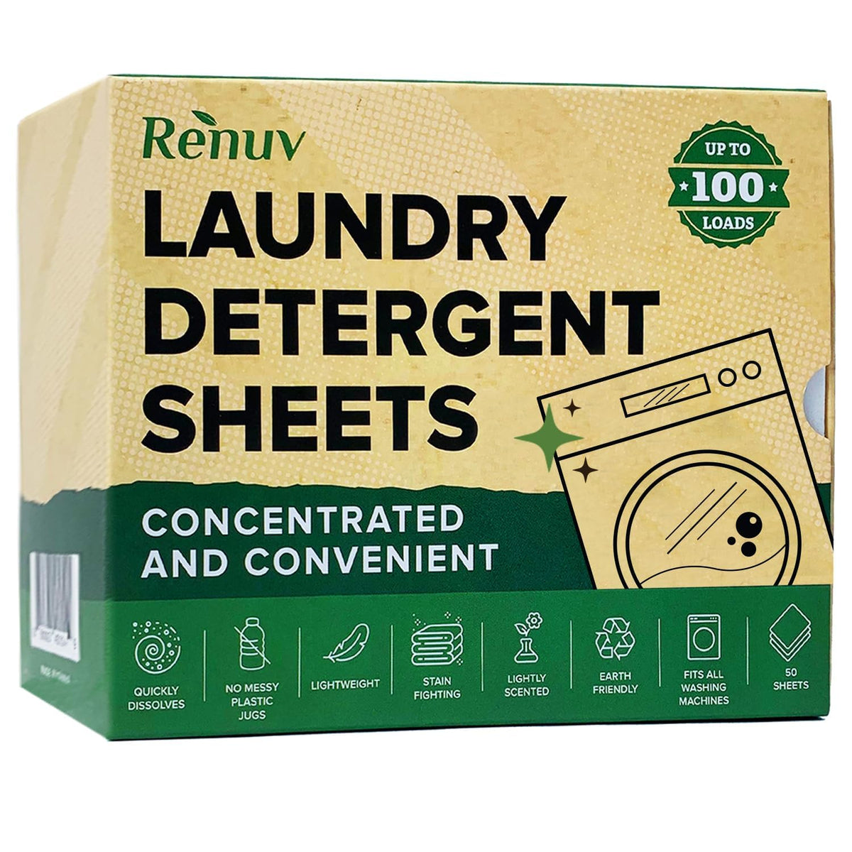 Renuv Laundry Detergent Sheets up to 100 Loads - Eco Friendly, Sustainable, Biodegradable & Liquidless Strips, 50 Sheets
