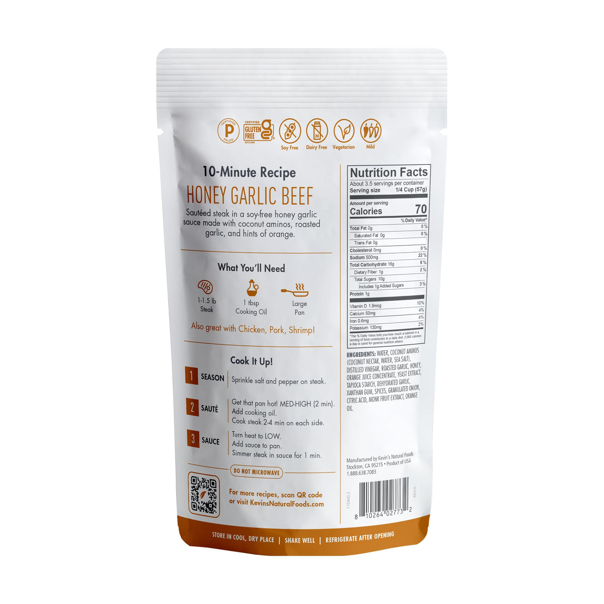 Kevin's Natural Foods Honey Garlic Sauce - Paleo Simmer Sauce - Stir-Fry Sauce, Gluten Free, No Preservatives, Non-GMO - 1 Pack (Honey Garlic)