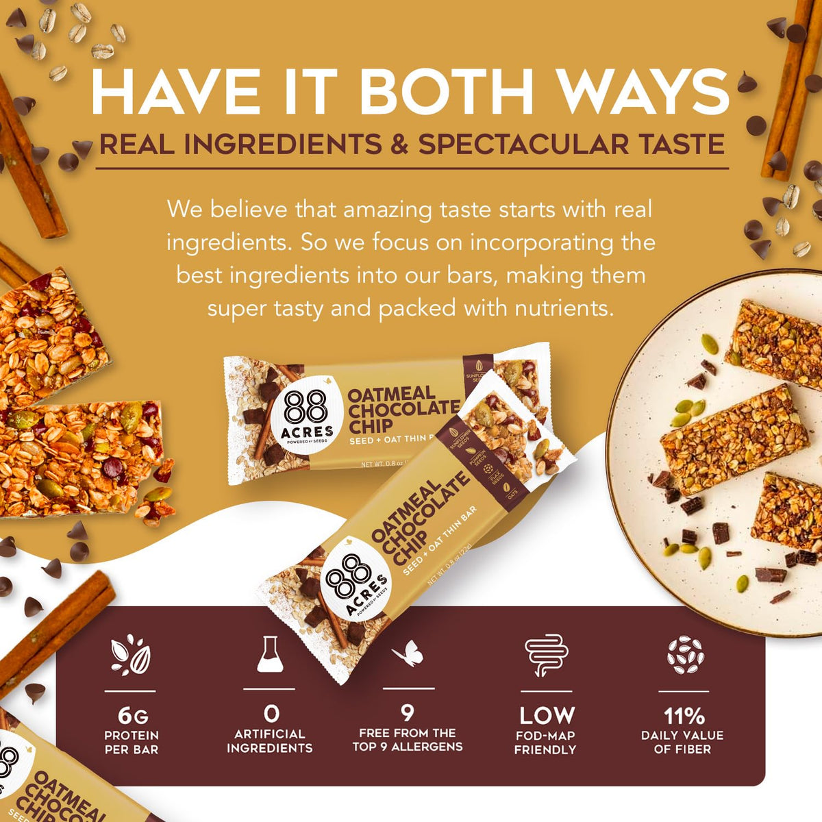 88 Acres Granola Bars, Oatmeal Chocolate Chip, 6 Count, School Safe, Allergen Free Seed & Oat Snack Bar, Gluten & Nut Free, Vegan, Non-GMO & Kosher