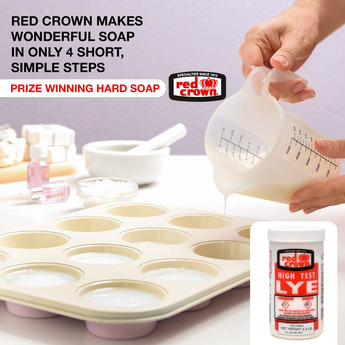 The Boyer Corporation Red Crown Lye for Soap Making, Sodium Hydroxide Pure High Test Food Grade Lye, Caustic Soda, Drain Cleaner and Clog Remover, 3