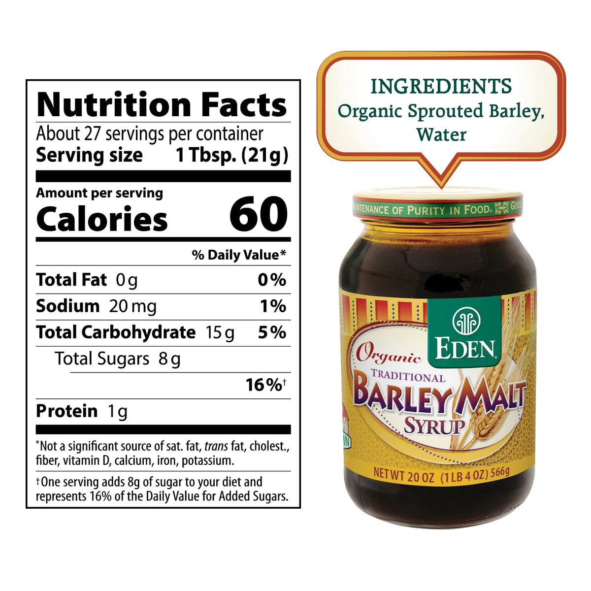 Eden Organic Traditional Barley Malt Syrup, Whole Grain Liquid Sweetener, 74.5% Maltose, Non-Diastatic, Perfect for Bagels, Non-GMO, 20 oz Glass Jar