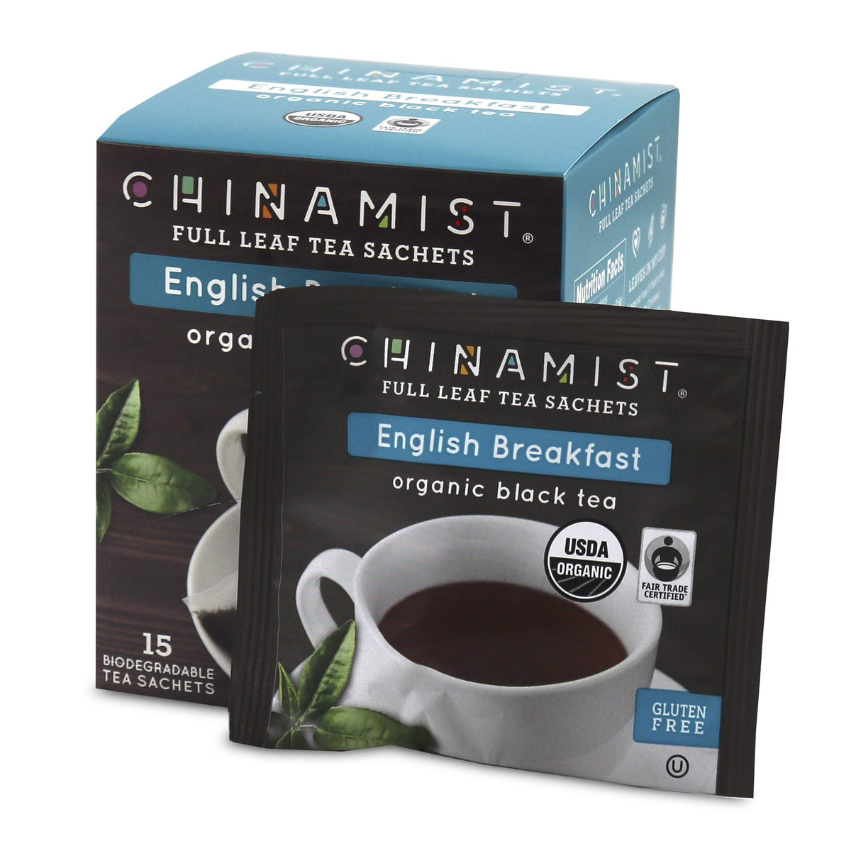 CHINAMIST English Breakfast Full Leaf Black Tea Sachets - Biodegradable, USDA Organic, Fair Trade Certified, Gluten-Free - 15 Count