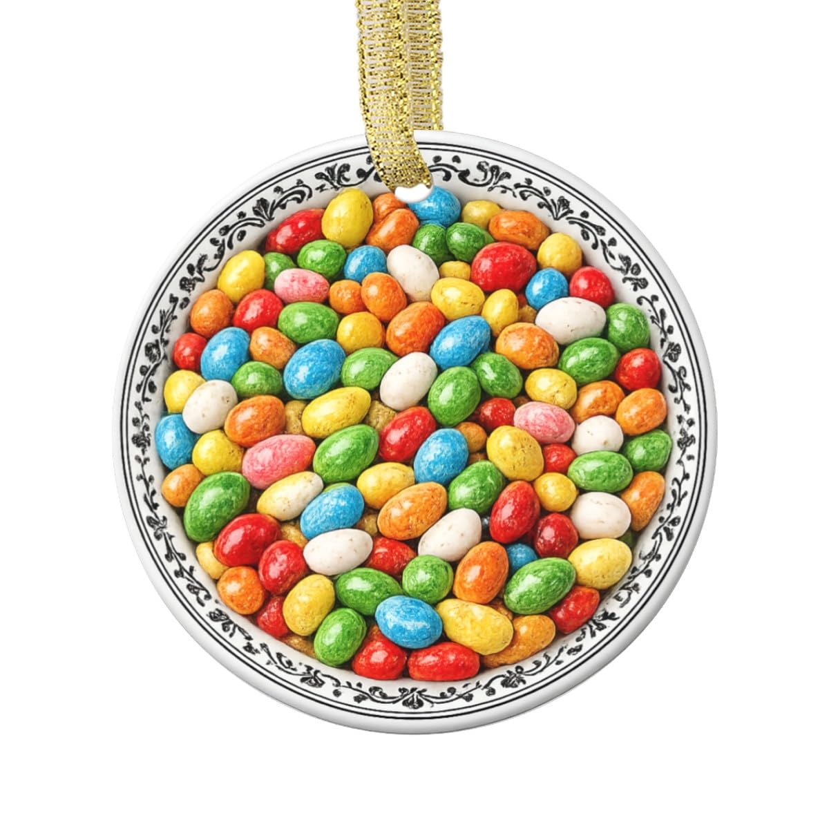 Jellybeans, Colorful Jelly Bean Candies Treats for Jellybean Lover Food Flat Printed Image on Ceramic Ornament - NOT 3D, Double-Sided Design