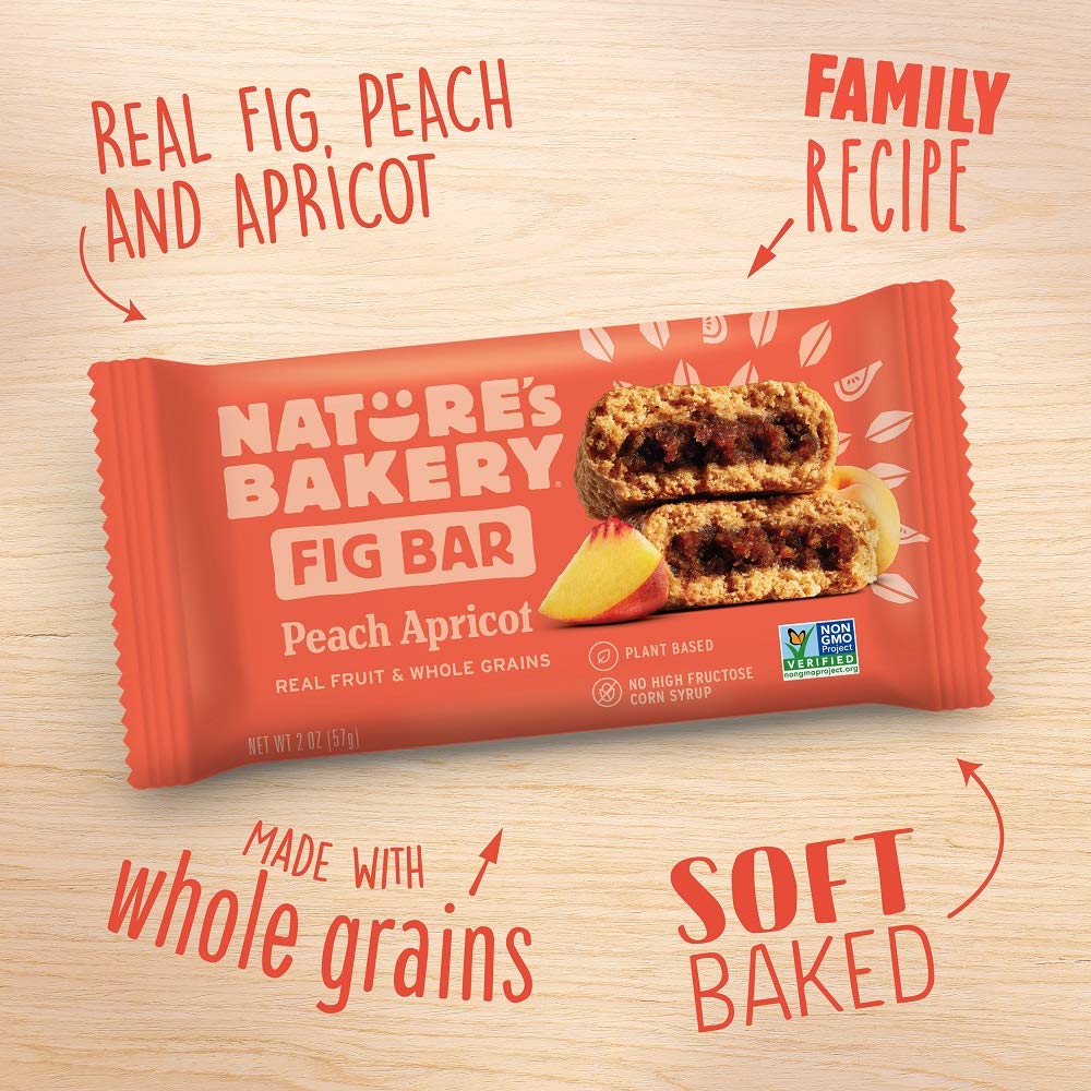 Nature's Bakery Whole Wheat Fig Bars, Peach Apricot, 1- 12 Count Box of 2 oz Twin Packs (12 Packs), Vegan Snacks, Non-GMO