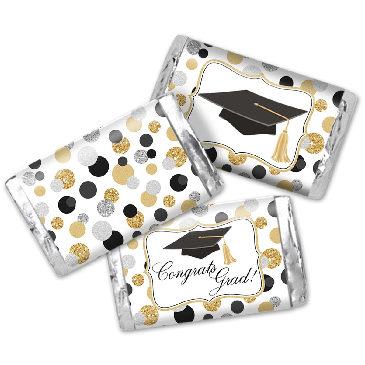 Confetti Polka Dot Graduation Party Mini Chocolate Candy Bar Sticker Wrappers, 45 1.4" x 2.6" Wrap Around Labels by AmandaCreation, Great for Party