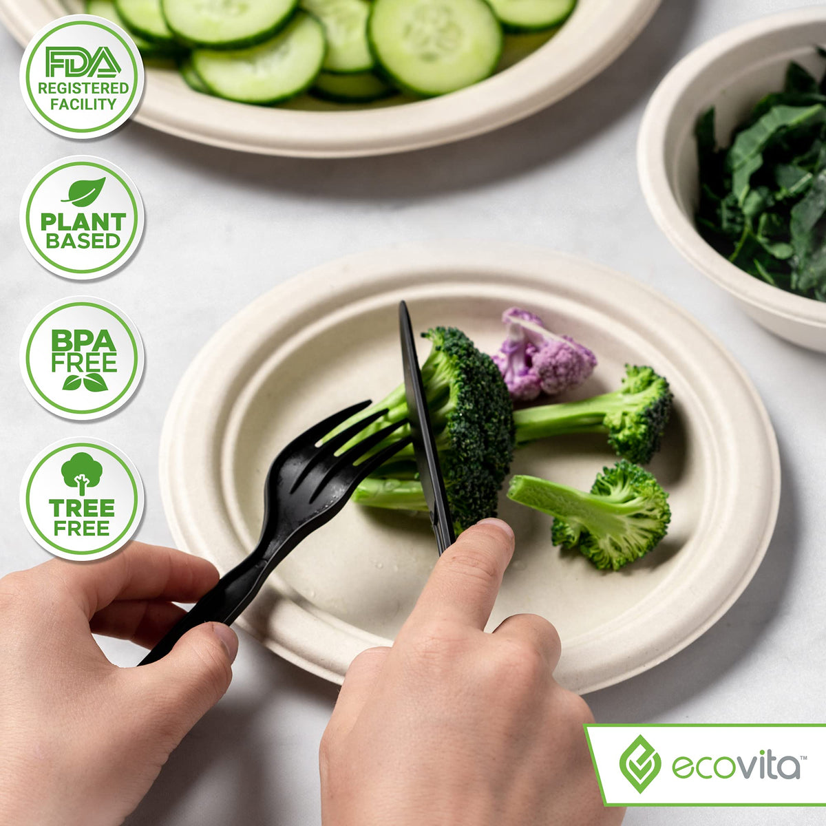 Ecovita 100% Compostable Forks Spoons Knives Cutlery Combo Set - 380 Large Disposable Utensils (7 in.) Eco Friendly Durable and Heat Resistant