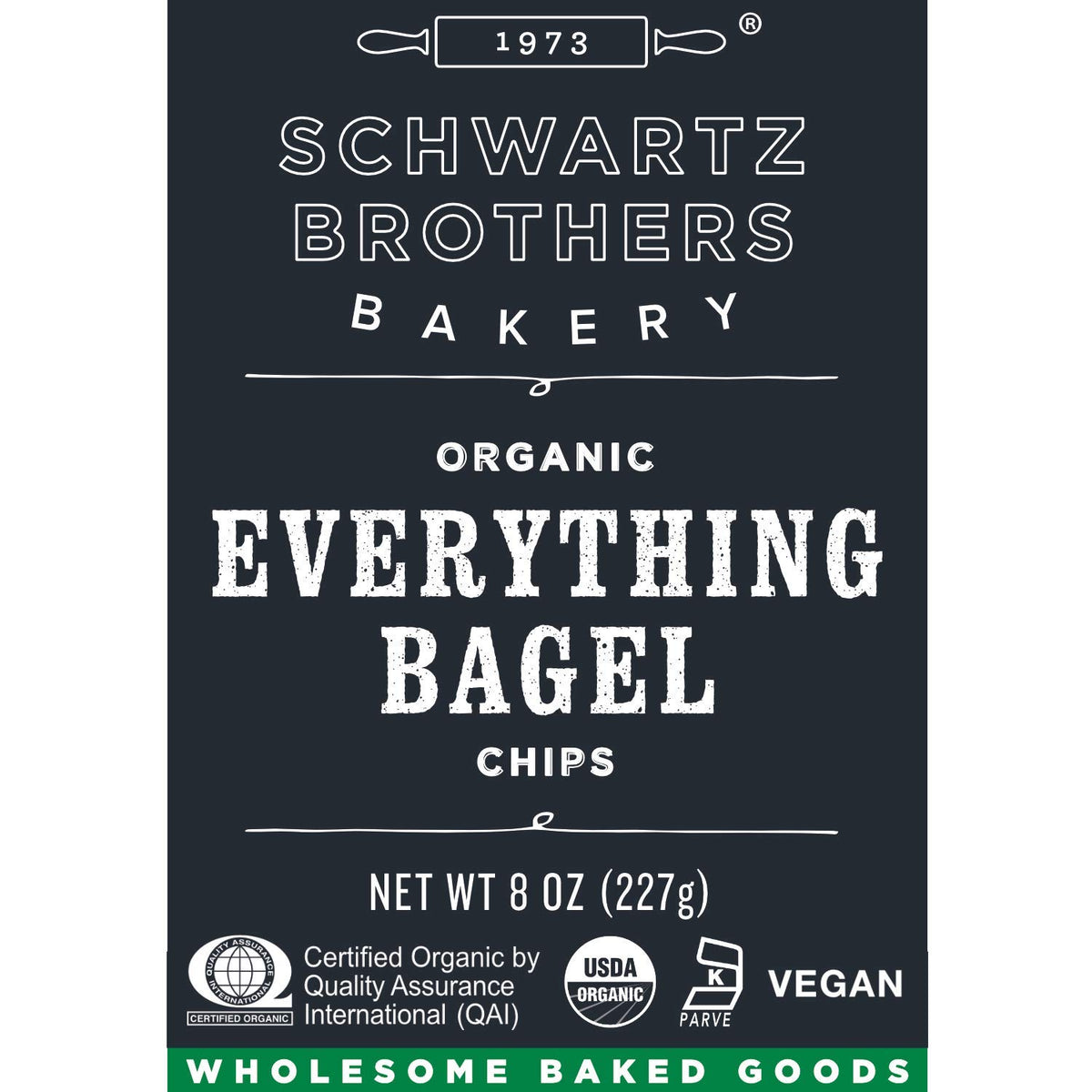 Everything Bagel Chips NY Style Bagel Crisps. Organic, Vegan, Kosher. From the artisans of Schwartz Brothers Bakery. Baked Fresh. Twice Baked. 8 ounce