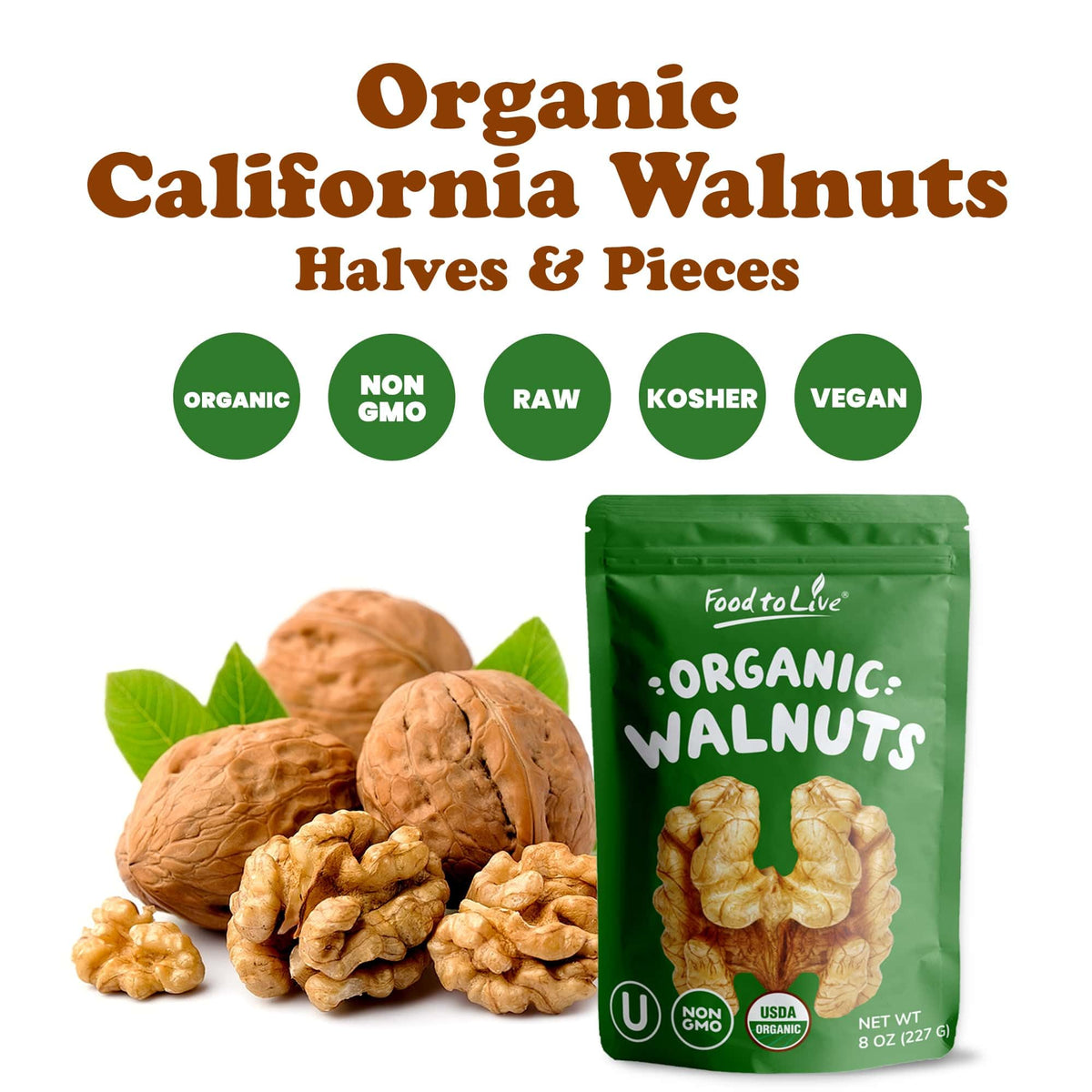 Food to Live Organic California Walnuts Halves & Pieces, 8 Ounces Non-GMO, Raw, Unsalted, Shelled, Vegan, Kosher, Sirtfood, Bulk Snack. High in