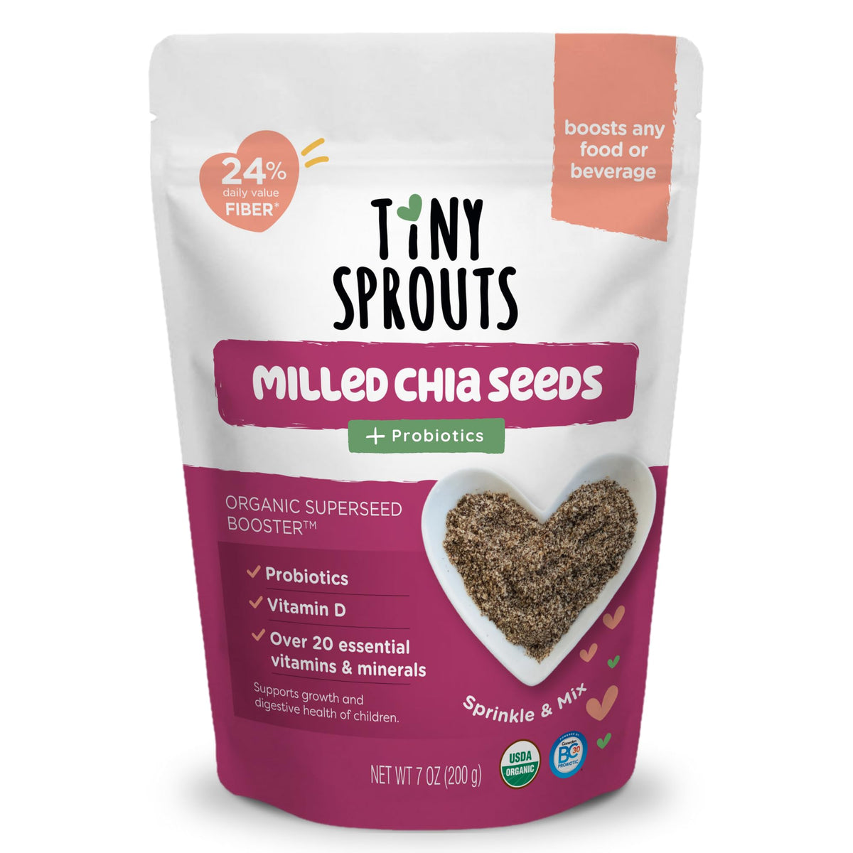 Tiny Sprouts Organic Milled Chia Seeds + Full Serving Probiotic with Vitamin D3 - Kids Superfood Nutrition Booster I Plant-Based Omega-3, Prebiotic