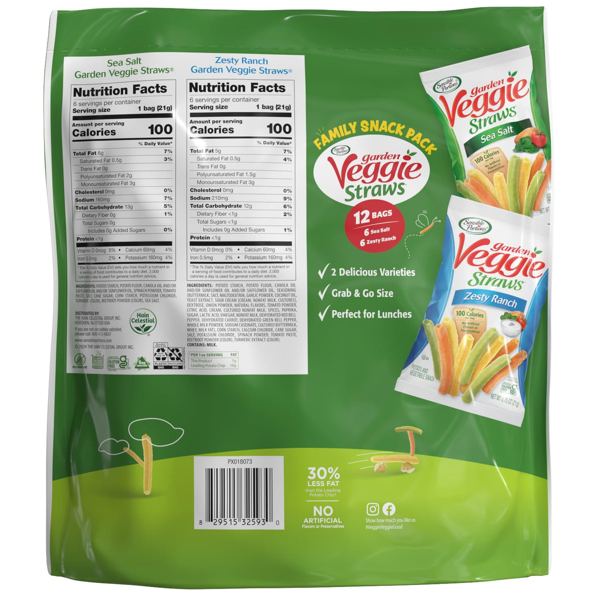 Sensible Portions Veggie Straws Multi-Pack, Sea Salt & Zesty Ranch, Kid Snacks, Veggie Snacks, 0.75 oz Bag (Pack of 12)