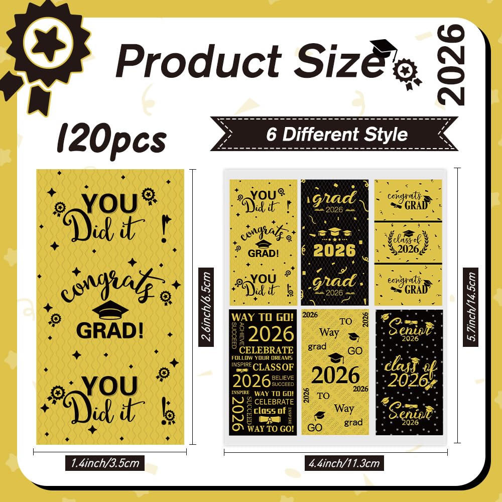 Graduation Party Decorations, 2026 Graduation Candy Stickers, 120 PCS Black Gold Congrats Grad Mini Candy Wrapper Class of 2026 Bar Label Stickers