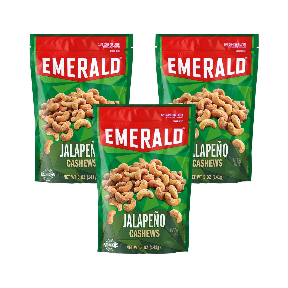 Emerald Nuts, Jalapeno Cashews, 5 Oz, Resealable Bag (Pack of 4)
