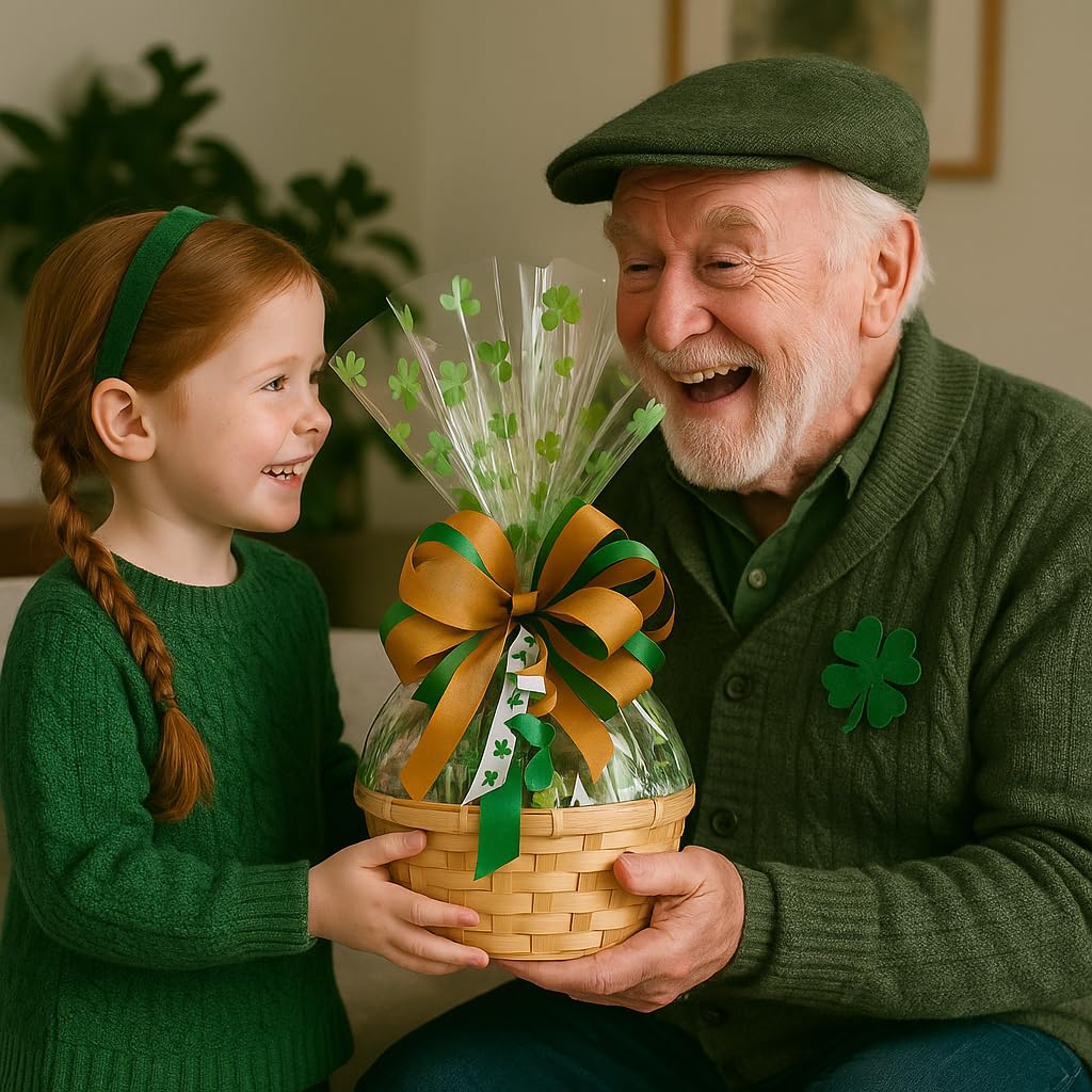 St. Patrick’s Day Gift Basket with Chocolate, Candy & Snacks - 10 Inch Shamrock Wrapped Gift Basket - Irish Holiday Treats for Family, Friends