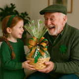 St. Patrick’s Day Gift Basket with Chocolate, Candy & Snacks - 10 Inch Shamrock Wrapped Gift Basket - Irish Holiday Treats for Family, Friends