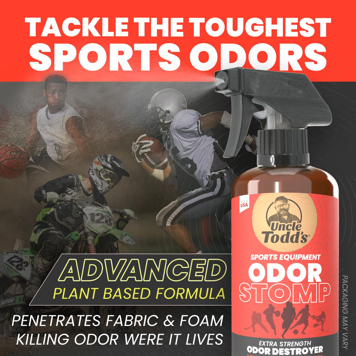 Uncle Todd’s Odor Stomp Sports Equipment Odor Eliminator Spray - Extra Strength Enzyme-Powered Deodorizer for Football, Hockey, Gym Bags, and Athletic