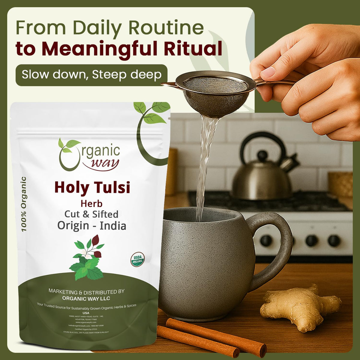 Organic Way Holy Tulsi/Holy Basil Herb Cut & Sifted (Ocimum Tenuiflorum) - Organic & Kosher Certified | Raw, Vegan, Non GMO & Gluten Free | USDA