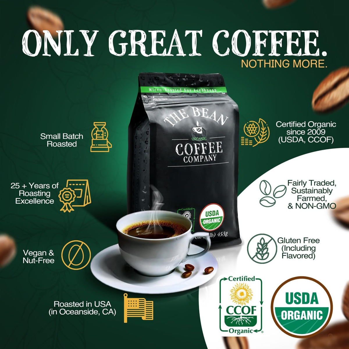 The Bean Organic Coffee Company Aloha Bean (Hawaiian Hazelnut), Medium Roast, Whole Bean Coffee, 16-Ounce Bags (Pack of 2)