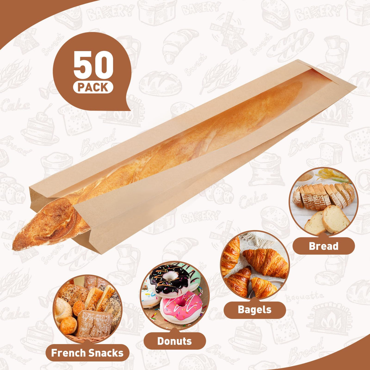 Bakbania 50 Pack Baguette Bags with Stickers Paper Bread Loaf Packing Bags with Window for Homemade Bread