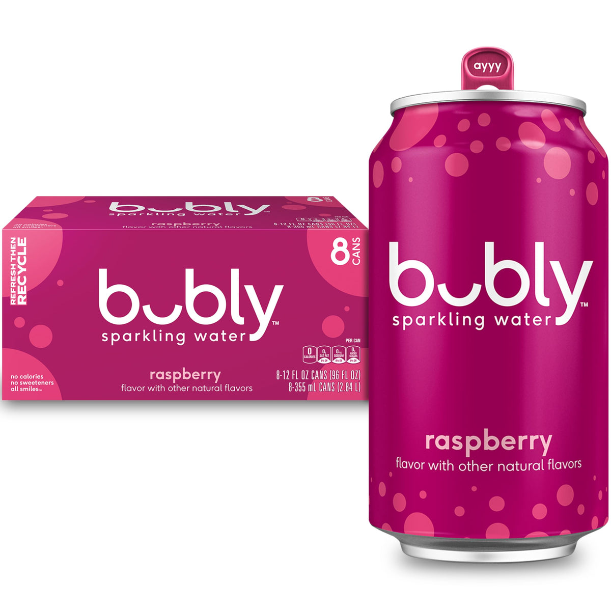 bubly Sparkling Water, Raspberry, Zero Sugar & Zero Calories, 12 Fl Oz Cans (Pack of 8)