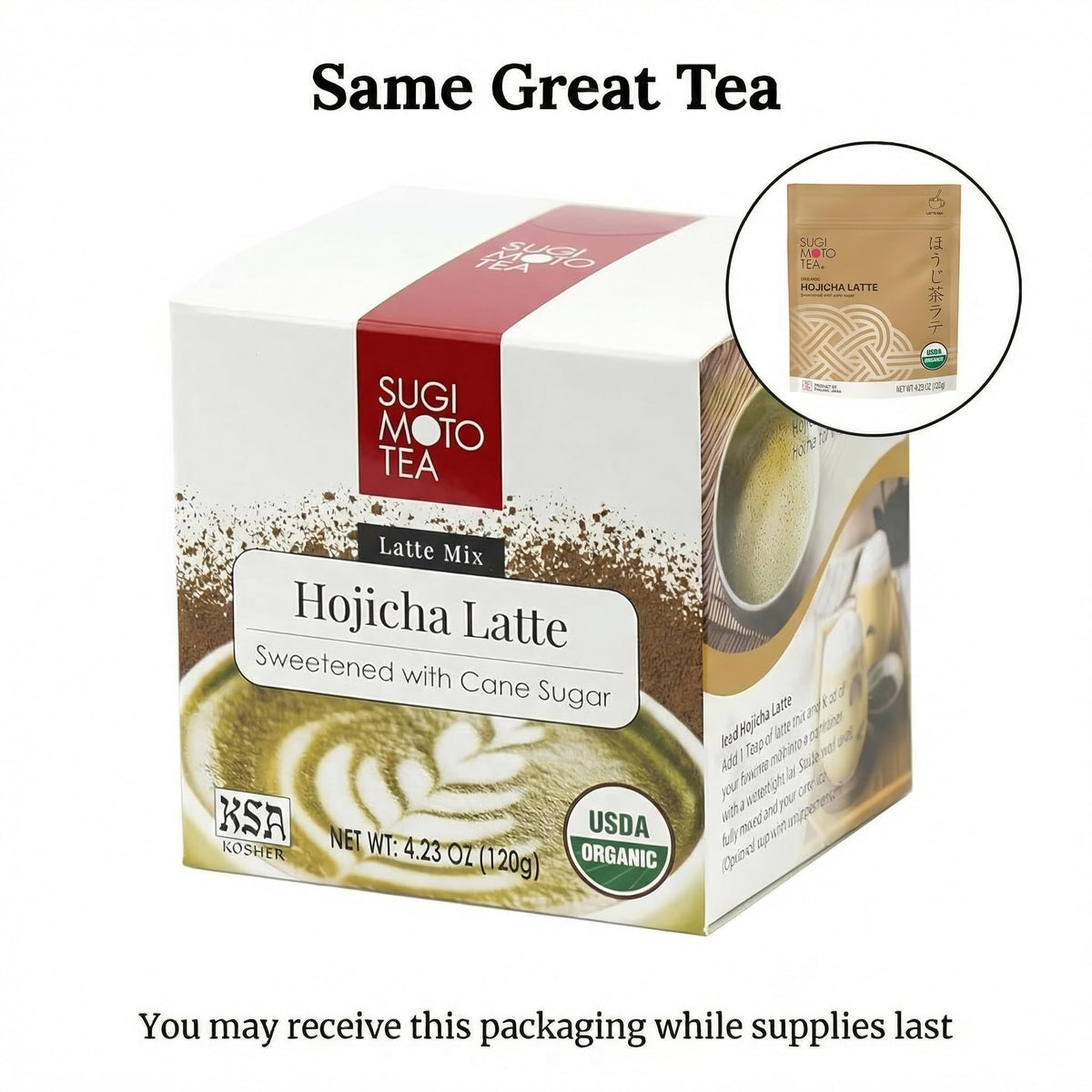 SUGIMOTO TEA Japanese Organic Hojicha Latte Blend Mix 4.23 oz (120 g) Sweetened Green Tea Hojicha Latte Powder