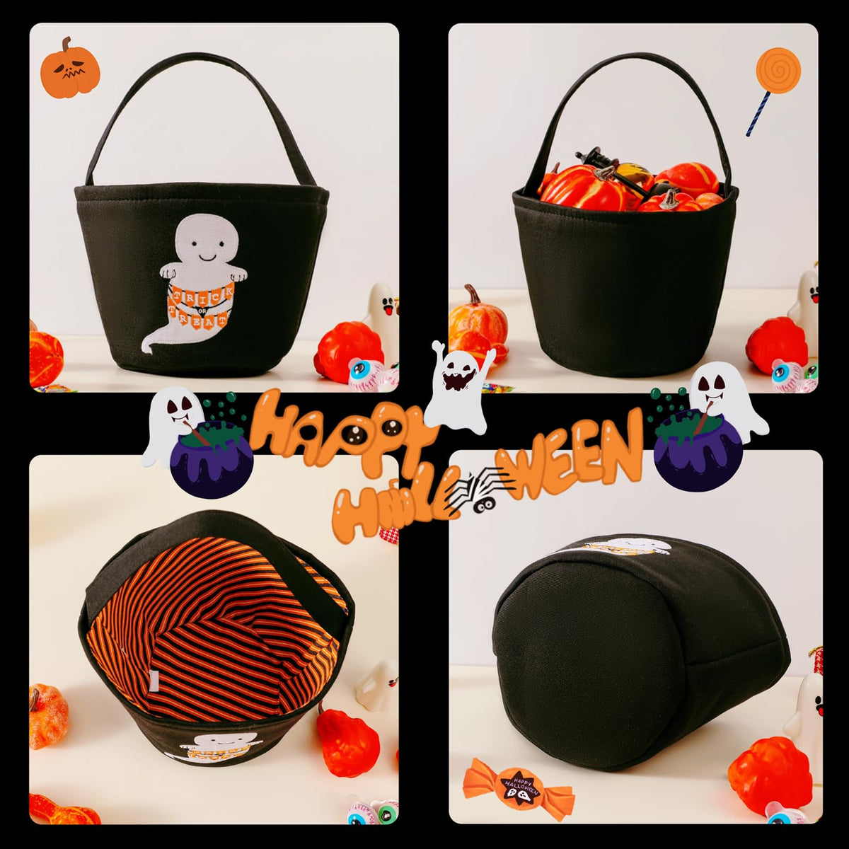 Halloween Basket Ghost Trick or Treat Bucket for Kids, Halloween Candy Bucket 7.9X13.9 Spooky Candy Tote Bag for Girl Boy Trick or Treat, Party Favor