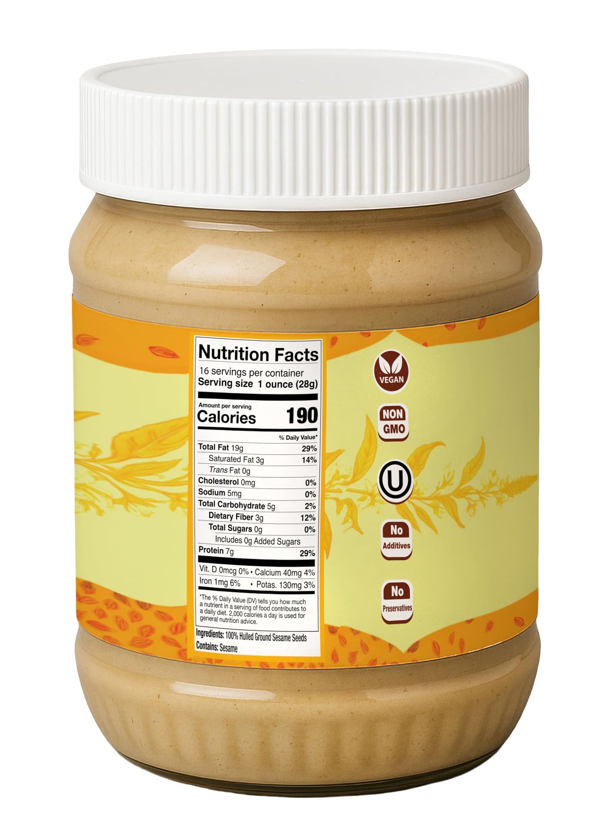 Sesamique Kosher Tahini,16 oz -100% Pure Ground & Roasted Sesame, Vegan, Non-GMO, No Additives, No Preservatives, No Added Sugar, BPA-Free Jar, Made