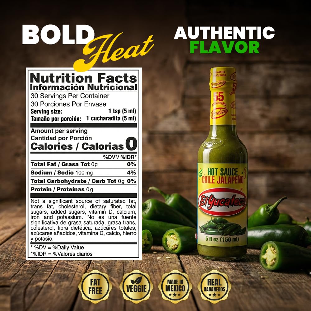 El Yucateco Jalapeño Hot Sauce, Authentic Mexican Green Jalapeño Pepper Sauce, Mild Heat, 5 fl oz, Pack of 2