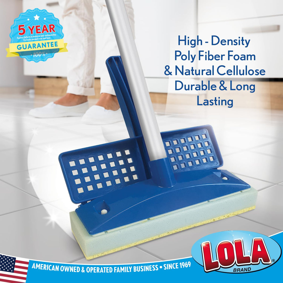LOLA Squeeze Sponge Mop w/ Poly Foam & a Natural Cellulose Layer & 3 Replacement Heads / Refill Bundle, Absorbs & Wicks Moisture, Floor Cleaner