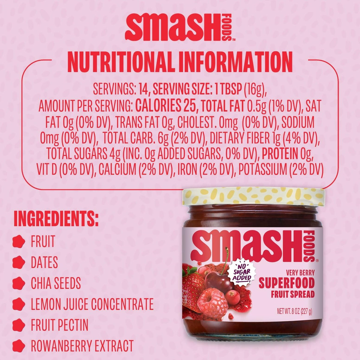 Smash Foods Very Berry Superfood Fruit Spread, No Sugar Added, 8 oz