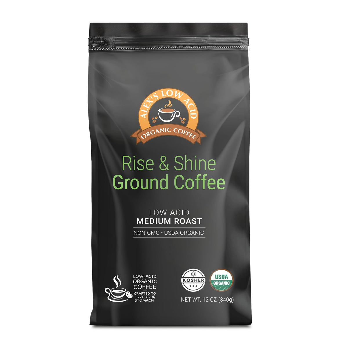Alex's Low Acid Organic Coffee 12oz Bag - Rise and Shine Fresh Ground (Pack of 3)