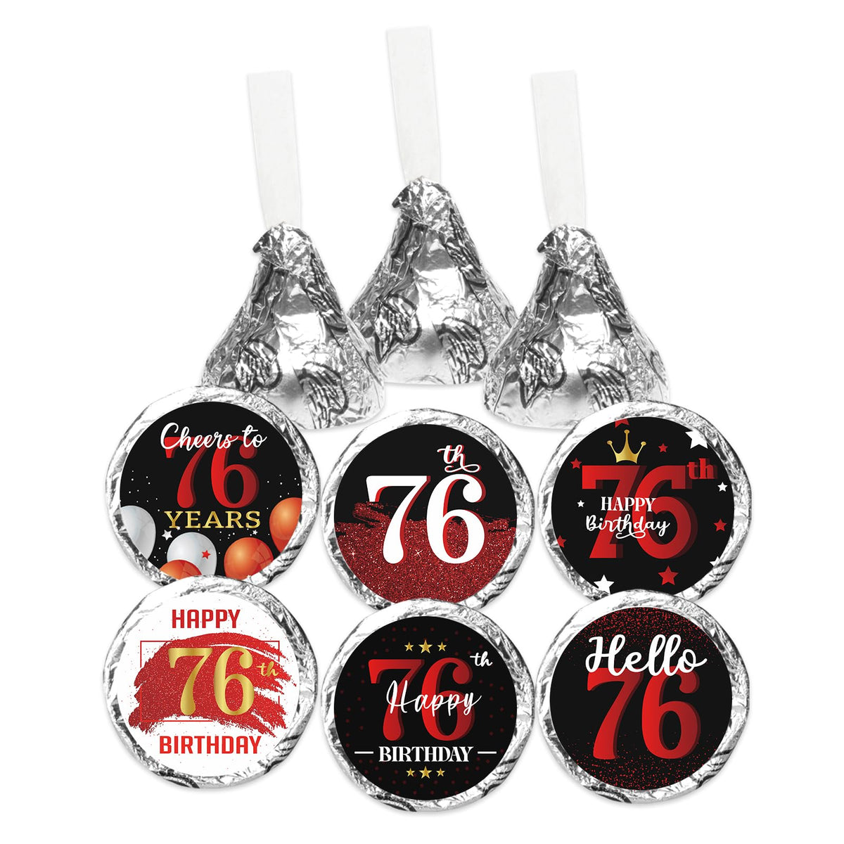 Happy 76th Birthday Party Favor Labels Chocolate Kisses Candy Stickers - 76 Years Old Birthday Round Candy Sticker Party Favors - Black and Red - 150