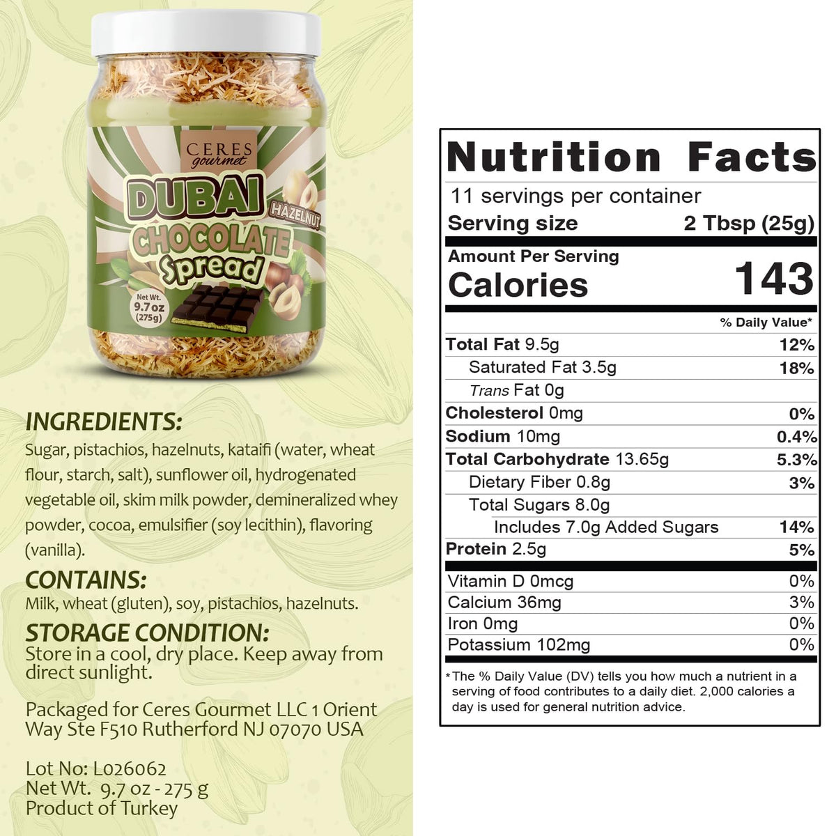 Ceres Gourmet Dubai Chocolate Crunchy Spread with Roasted Hazelnut Pieces, Spoonful Chocolate Snack with Crispy Kataifi and Smooth Pistachio Cream
