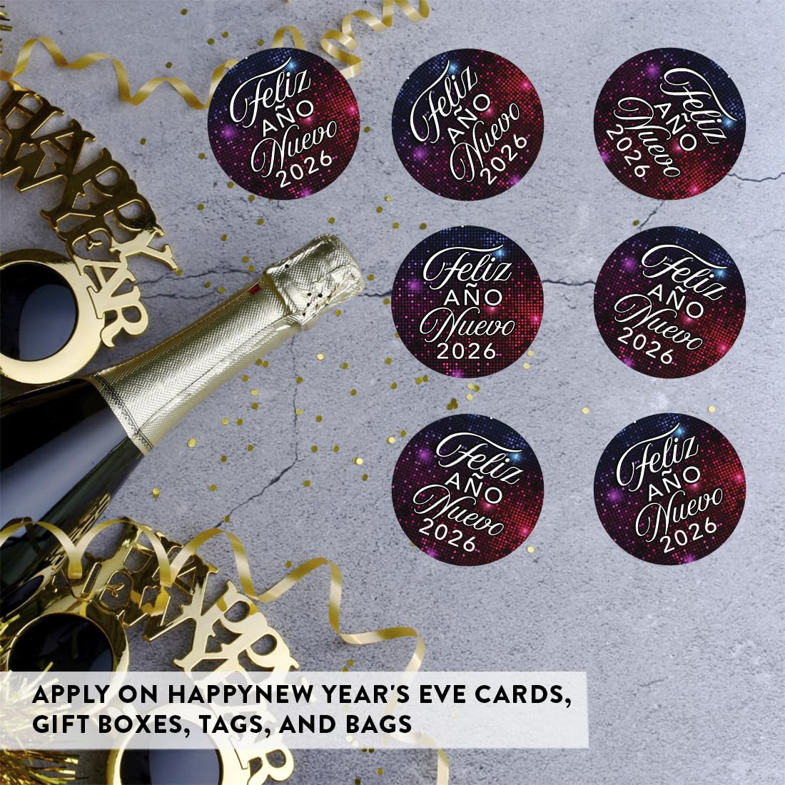 Andaz Press Shimmer Tiles Feliz Año Nuevo Chocolate Drop Labels, Spanish Happy New Year Stickers 2026 for New Years Party Favors 2026, Fits Kisses