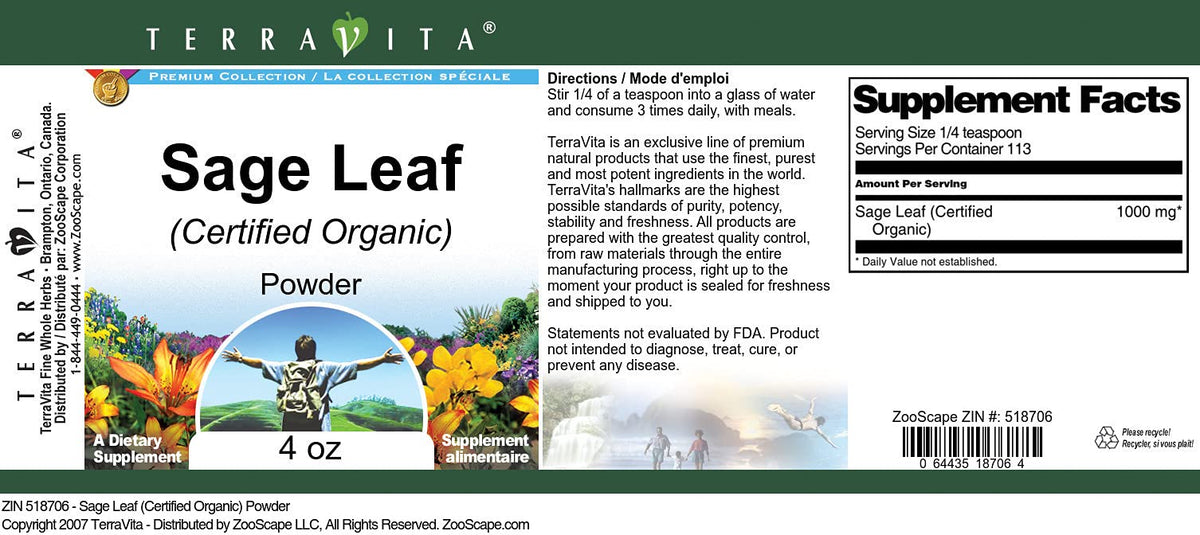 Sage Leaf (Certified Organic) Powder (4 oz, ZIN: 518706) - 3 Pack