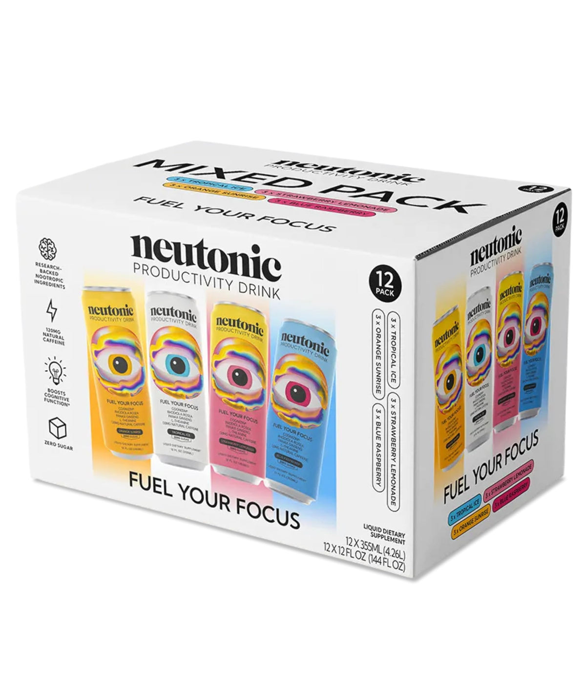 Neutonic Nootropic Productivity Energy Drink | Variety Pack 12 Cans | 120mg Natural Caffeine, Zero Sugar | Support Memory, Mental Clarity, Cognitive
