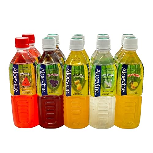 Aloevine Fruity Fun Variety Pack |16.9 oz. pack of 10 l 2 watermelon, 2 grape, 2 mango, 2 coconut, 2 pineapple | plant based Vegetable Korean drinks