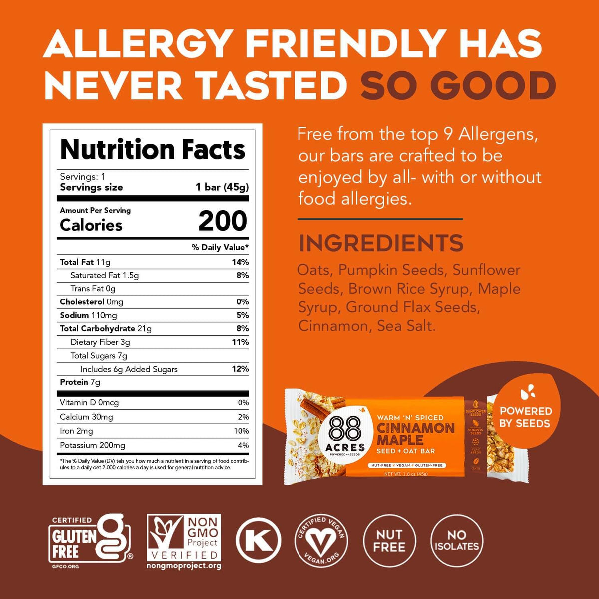 88 ACRES Cinnamon & Oats Seed Bar, 1.6 OZ