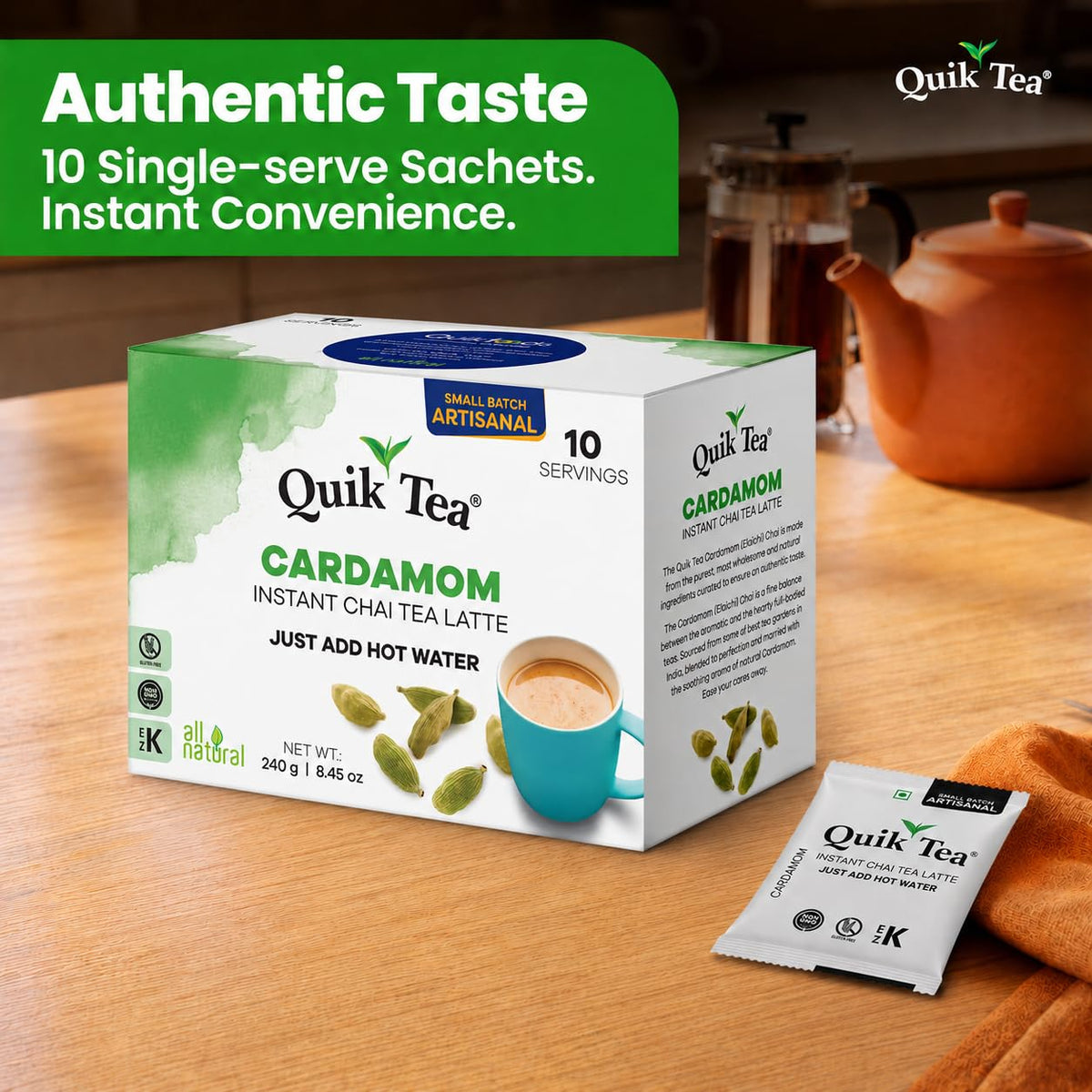 QuikTea Instant Cardamom Chai Tea Latte, 10 Single-Serve Sachets, Artisanal Indian Chai Latte Mix, Just Add Hot Water, Low Caffeine, Non-GMO, Gluten