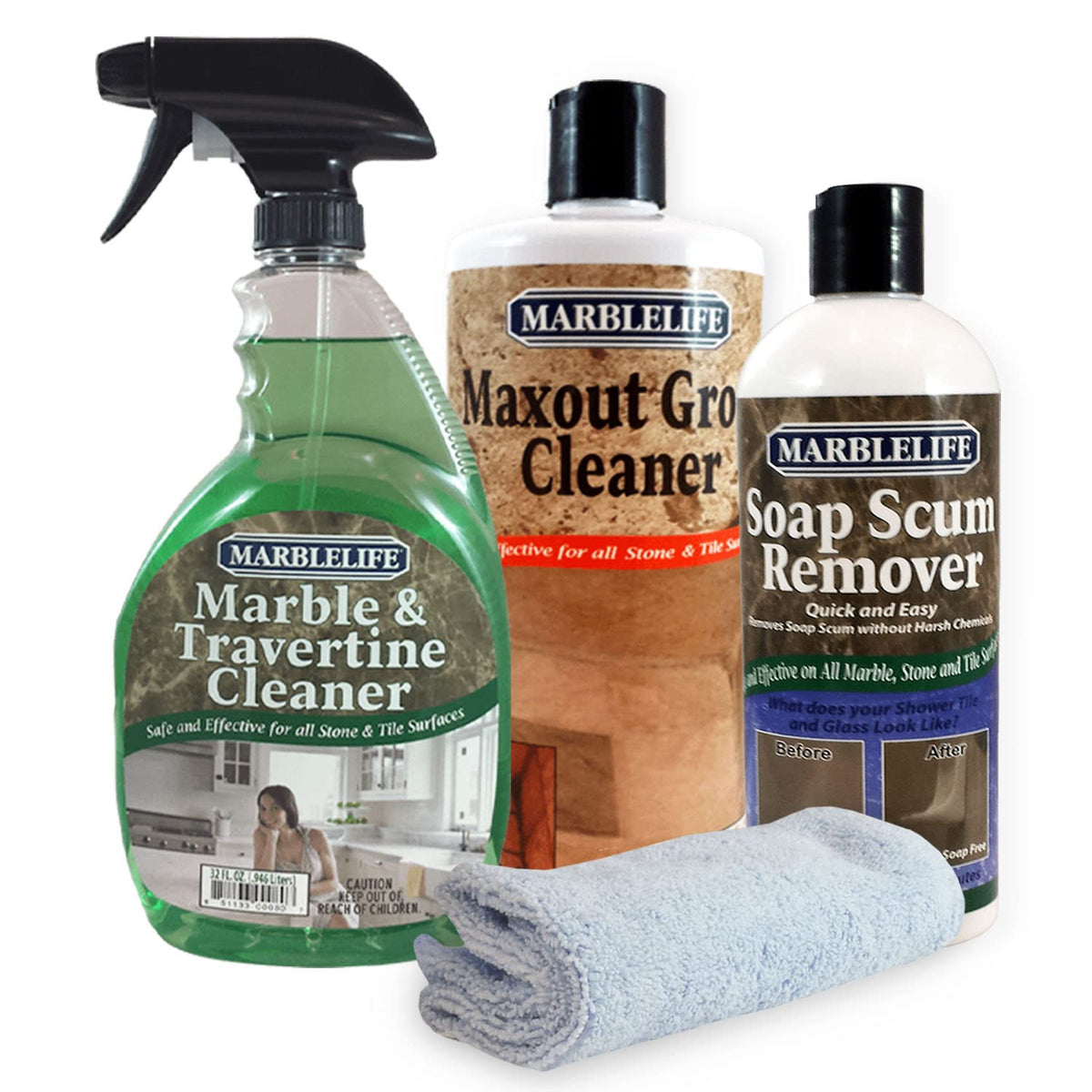 Marblelife Bathroom Combo Kit, With Marble & Travertine Cleaner, MaxOut Deep Grout Cleaner for Tile Floors, Soap Scum Remover For Shower & Other