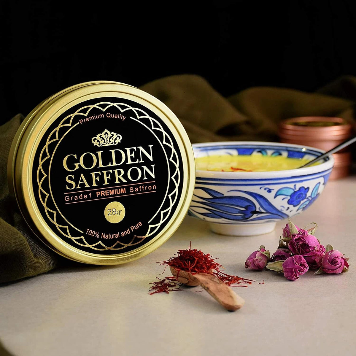 Golden Saffron, Finest Pure Premium All Red Saffron Threads, Grade A+ Super Negin, Non-GMO Verified. For Tea, Paella, Rice, Desserts, Golden Milk