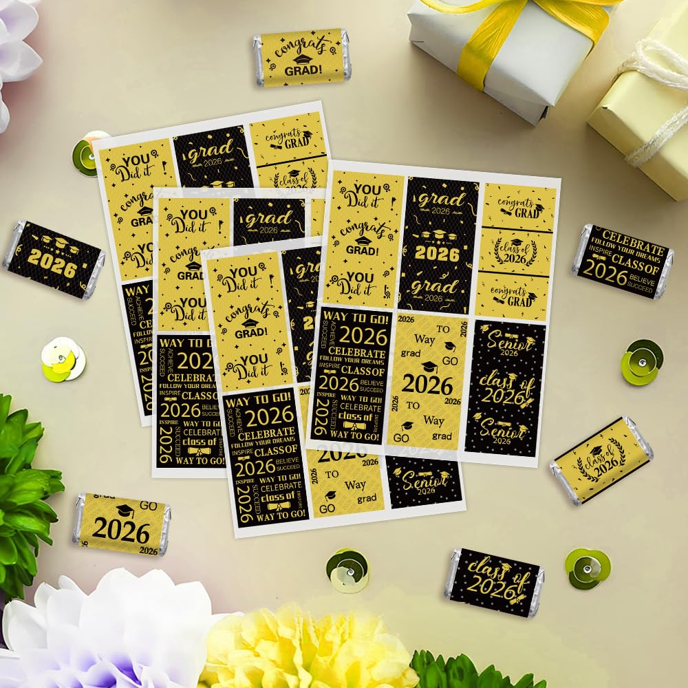 Graduation Party Decorations, 2026 Graduation Candy Stickers, 120 PCS Black Gold Congrats Grad Mini Candy Wrapper Class of 2026 Bar Label Stickers