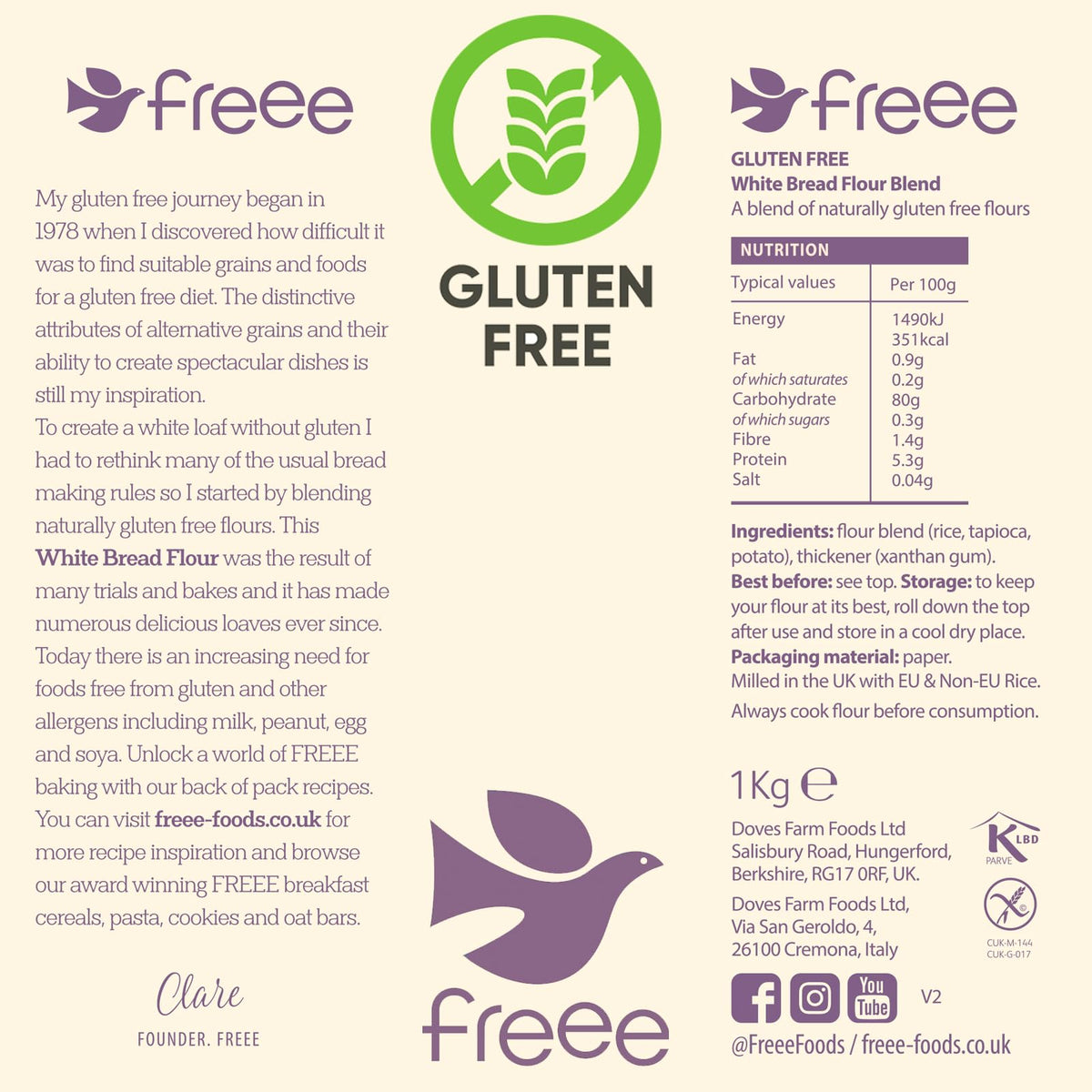 freee Gluten Free White Bread Flour 2.2 lb / 1 kg (Pack of 2) | Premium GF Flour Blend for Baking Breads, Sourdoughs, Rolls & Buns | Xanthan Gum |