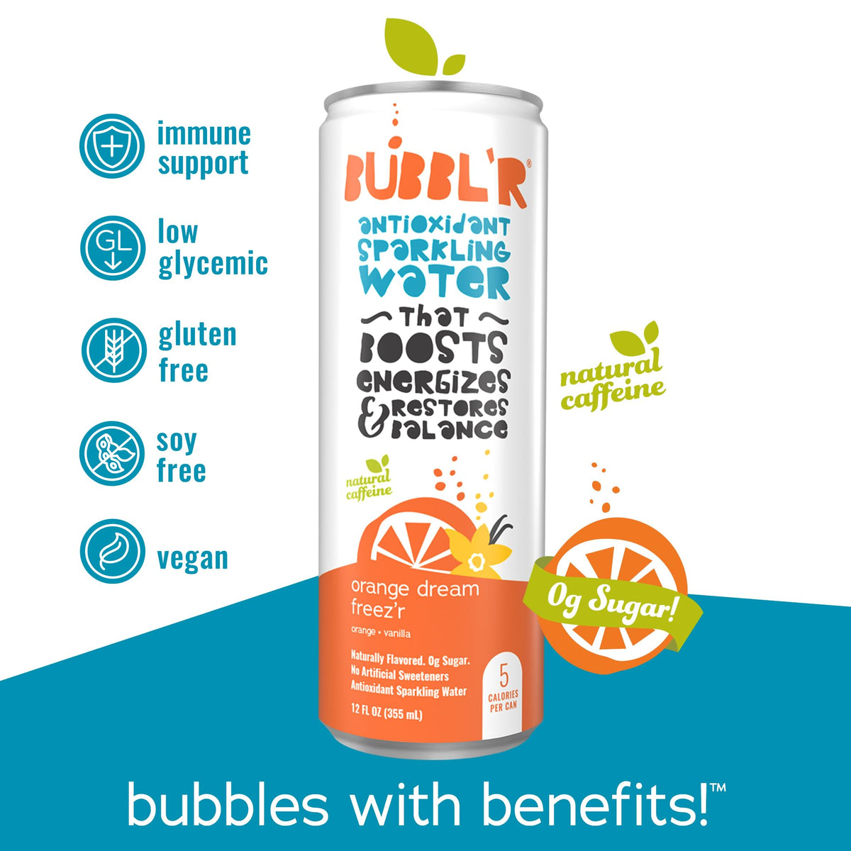BUBBL'R orange dream freez'r, Antioxidant Sparkling Water with Natural Caffeine, 0g Sugar, Gluten Free, All Natural Flavors, 12 Fl Oz Cans, 12 Count