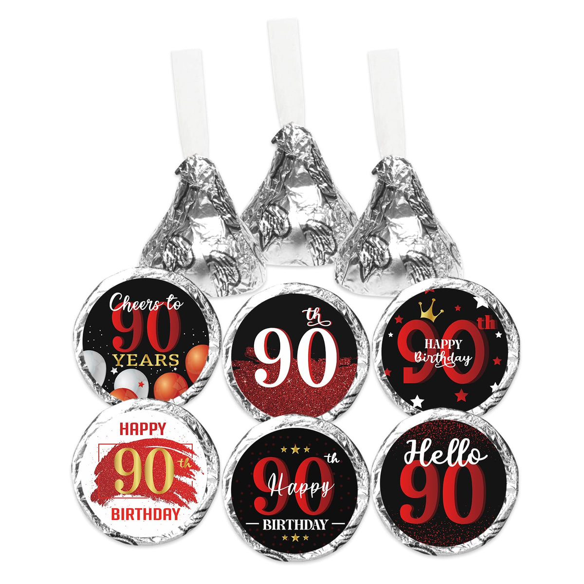 Happy 90th Birthday Party Favor Labels Chocolate Candy Stickers - Ninety Years Old Birthday Round Candy Sticker Party Favors - Black and Red - 150