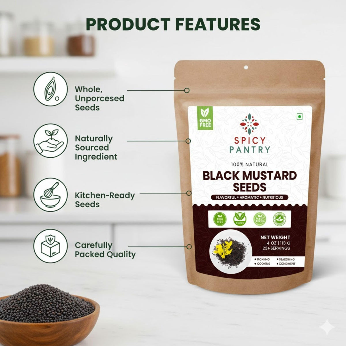 SPICY PANTRY Black Mustard Seeds 4 oz - Whole Spice for Curries, Pickles, Marinades, Spice Blends & Tempering - Non-GMO, Gluten Friendly, Bold