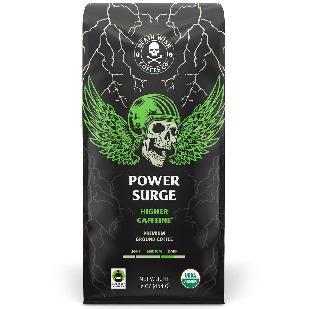 Death Wish Coffee, Power Surge Ground Coffee, Naturally Higher Caffeinated Coffee, Certified Fair Trade and Organic (16 oz)