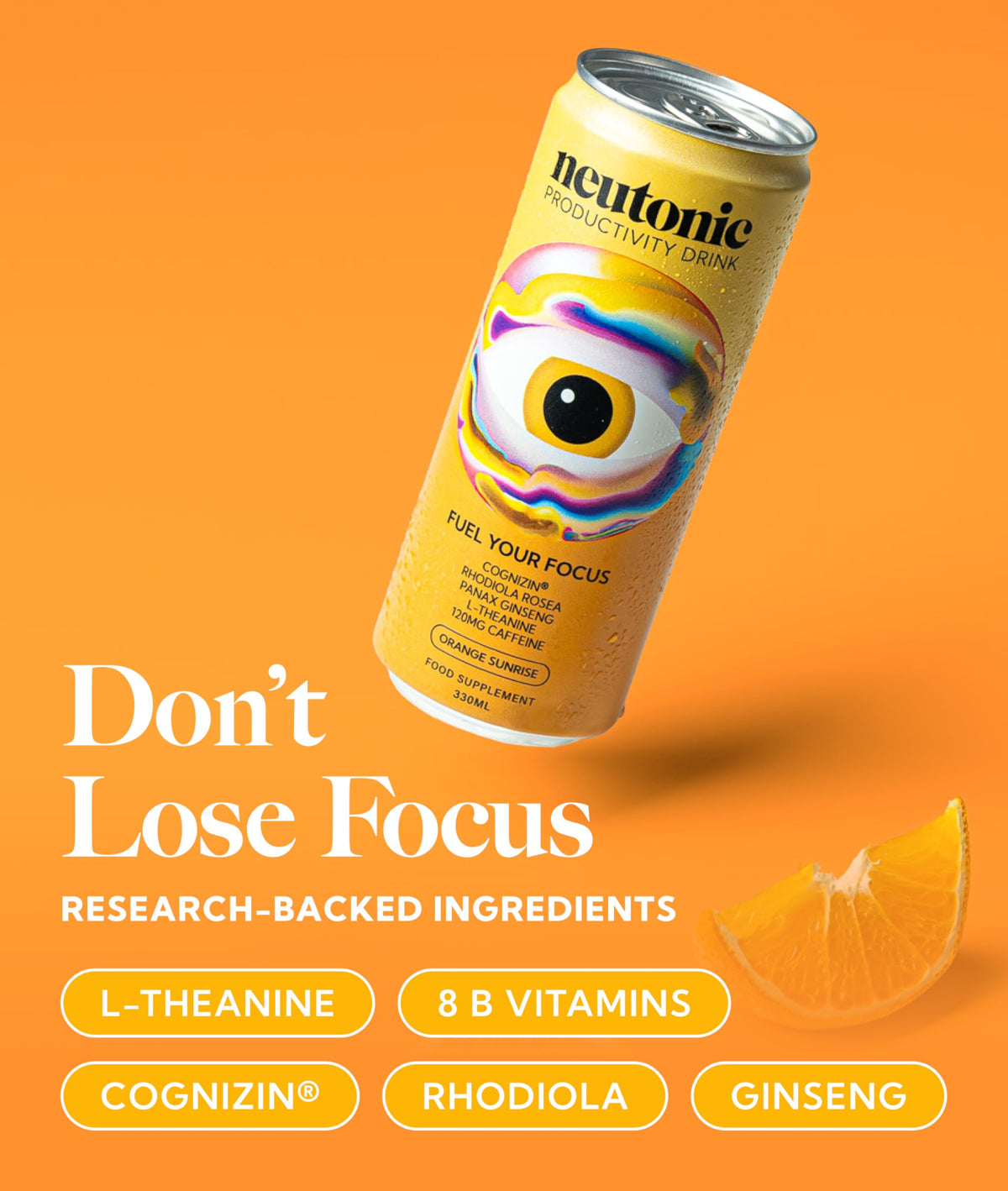 Neutonic Nootropic Productivity Energy Drink | Orange Sunrise 12 Cans | 120mg Natural Caffeine, Zero Sugar | Support Memory, Mental Clarity, Cognitive