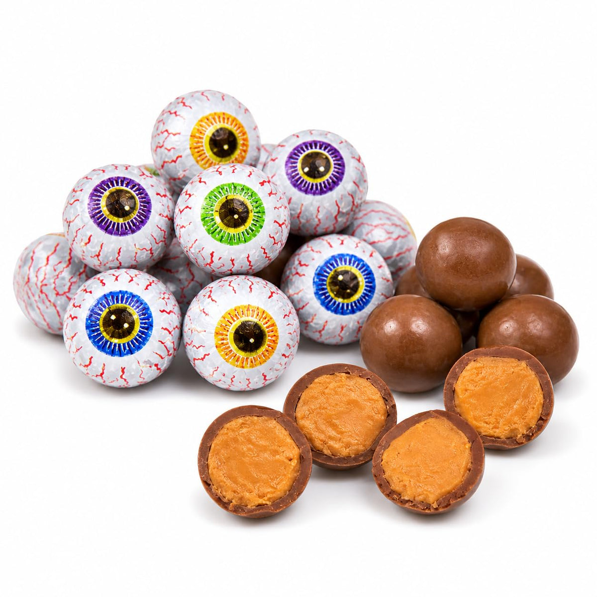 2 Pounds Halloween Peanut Butter Spooky Eye Balls, Trick-Or-Treat Party Bag Fillers, Individually Wrapped in Multi-color Eye Design Foils, Kosher