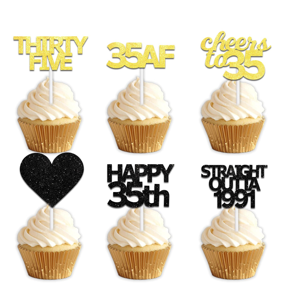18pcs Black Gold Glitter Dessert Cupcake Pick for Straight Outta 1991 Cheer to 35 Years Old Theme Decor Supplies Happy 35th Birthday Party Decoration